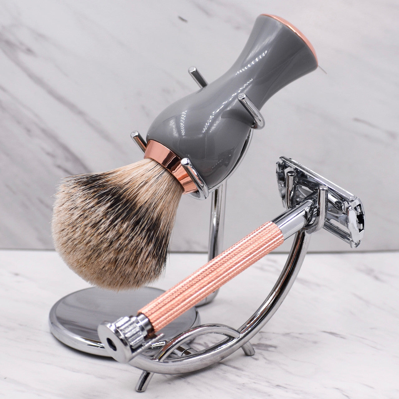 Chrome Razor and Brush Stand for both Straight and Long Handle Safety Razors