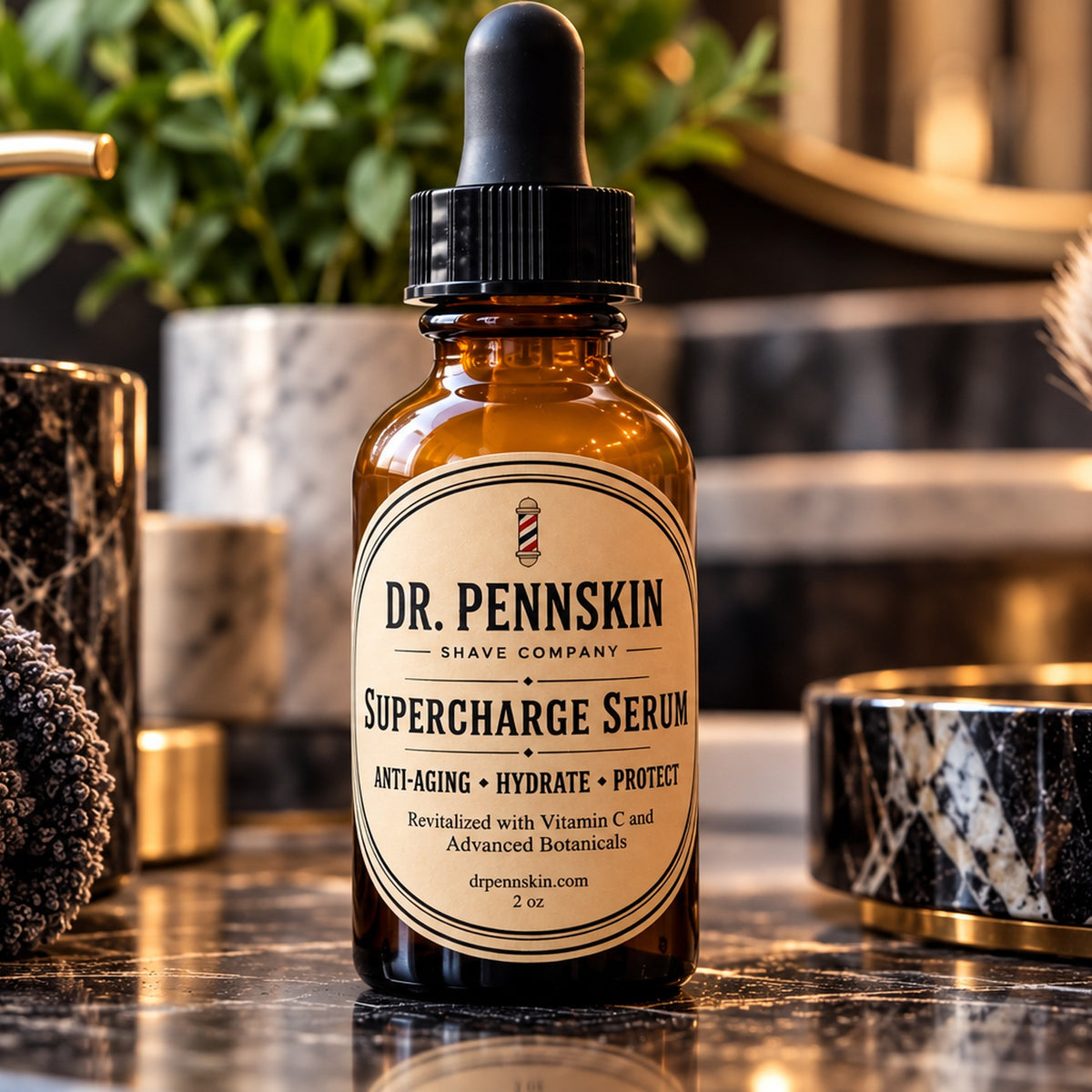 Close-up of Dr. Pennskin Supercharge Serum bottle on a luxury men's bathroom vanity