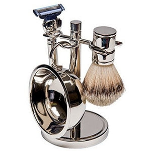 Shaving set with brush, stand, and razor on a white background