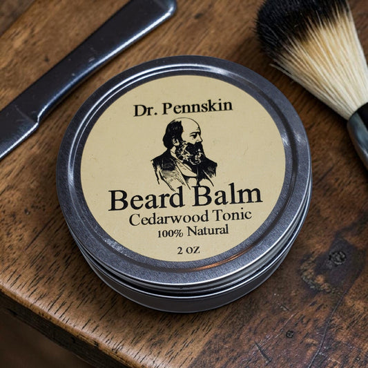 Dr. Pennskin beard balm tin with warm woodsy cedarwood scent, 1 oz and 2 oz sizes