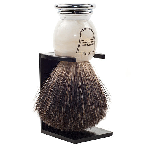 Parker Ivory Marbled Handle Black Badger Shaving Brush and Stand