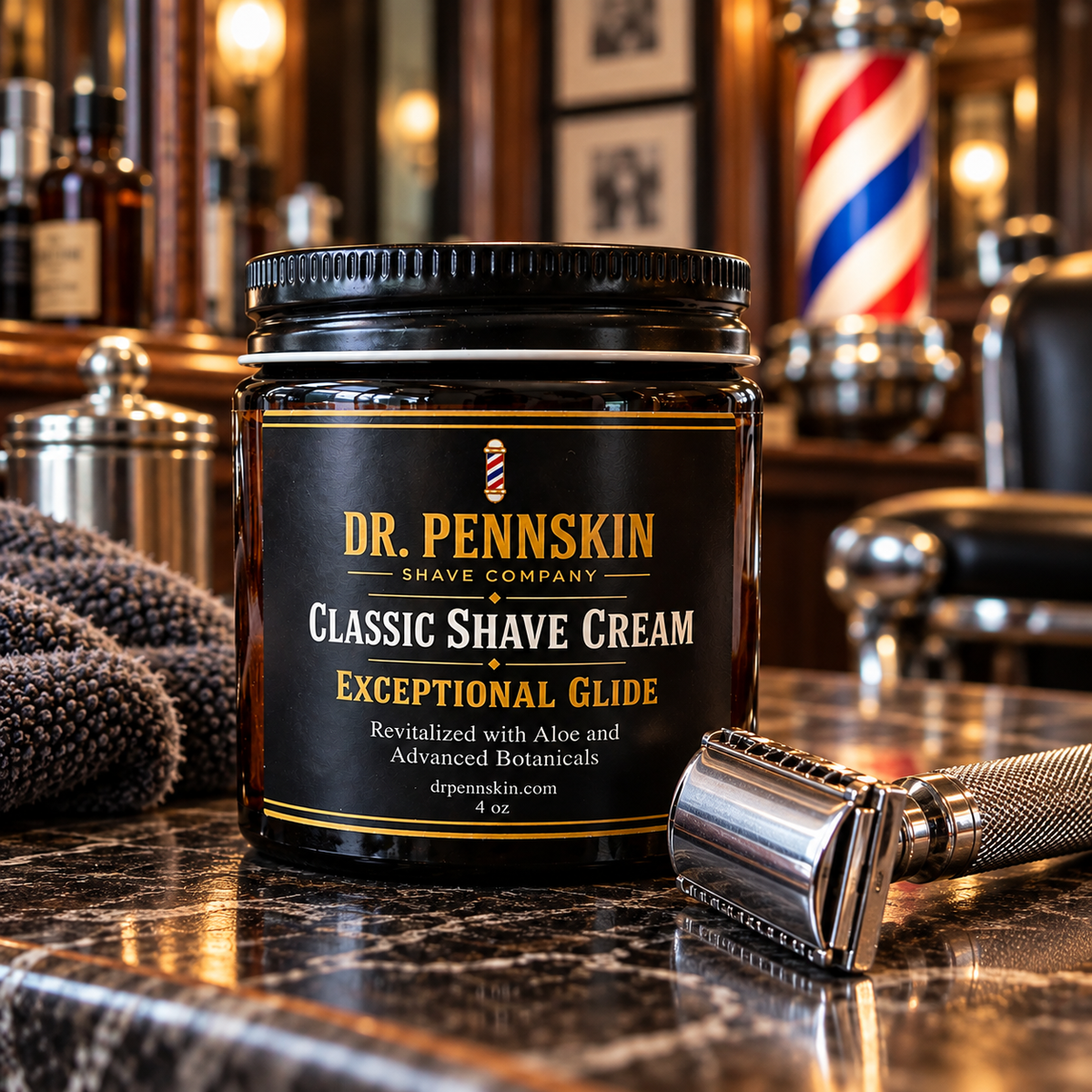 A jar of Dr. Pennskin Classic Shave Cream sits on a polished marble countertop in a barbershop setting, with a silver safety razor nearby and a barber pole blurred in the background.