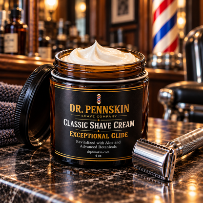 Dr. Pennskin Classic Shave Cream open jar showing rich cream beside a silver safety razor in a vintage barbershop