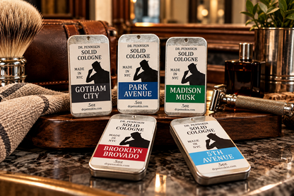Dr. Pennskin five solid cologne scents displayed in a vintage men's barbershop bathroom