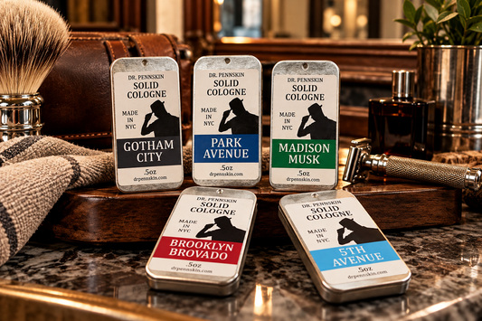 Dr. Pennskin five solid cologne scents displayed in a vintage men's barbershop bathroom