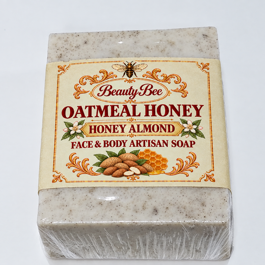 Preview of the Beauty Bee Oatmeal and Honey label applied to the soap bar