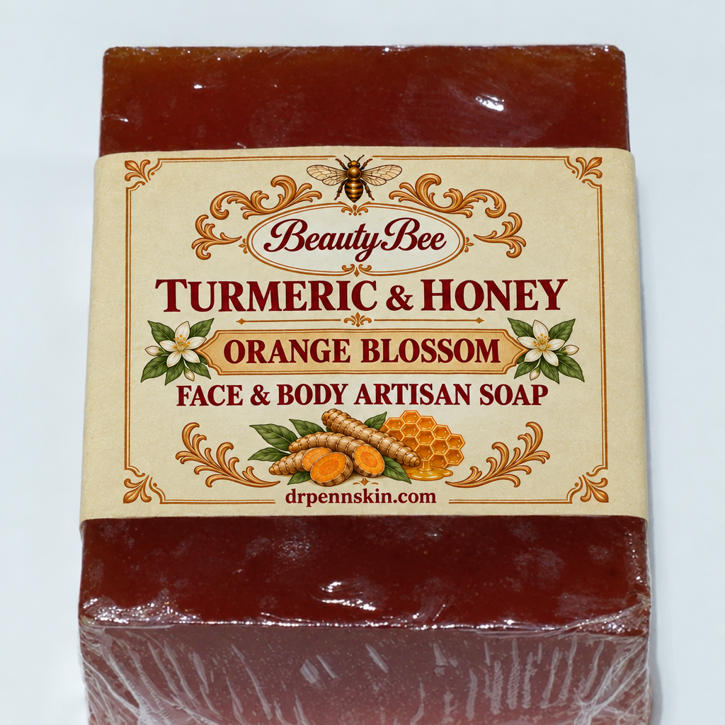 Preview of the Turmeric and Honey orange blossom label applied to the soap bar