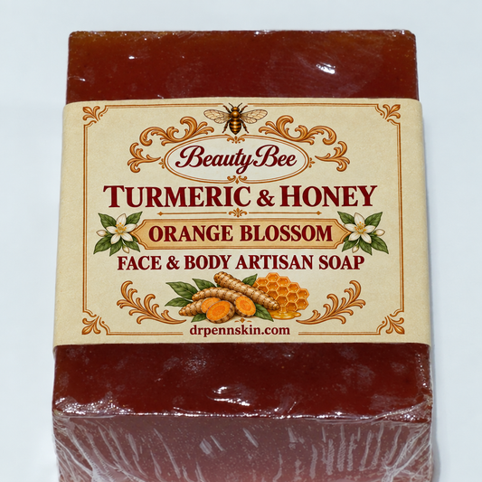 Preview of the Turmeric and Honey orange blossom label applied to the soap bar