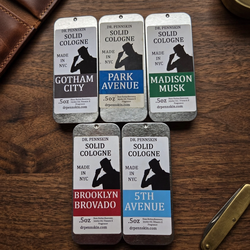 Solid cologne tins lying flat on a luxury dark walnut surface