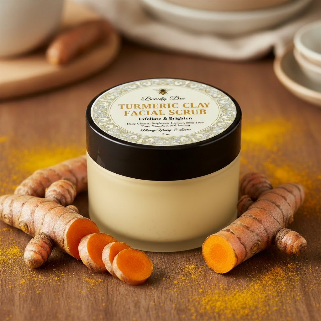 Turmeric Clay Facial Scrub - Soft Yellow Beige Jar with Detailed Label